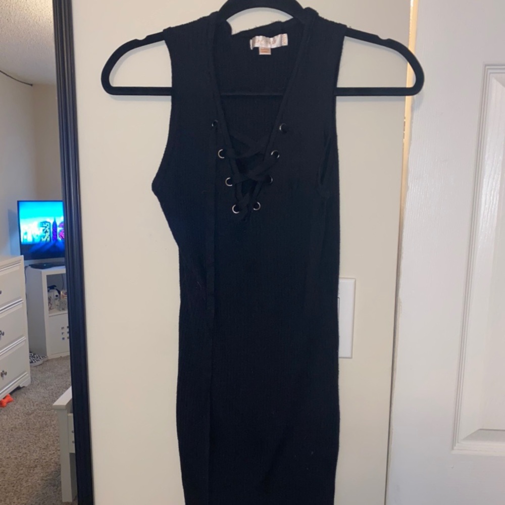 Strap up V-neck Black Body Con Dress